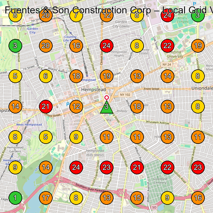Fuentes & Son Construction Corp Construction Company GeoGrid ranking map for Hempstead NY